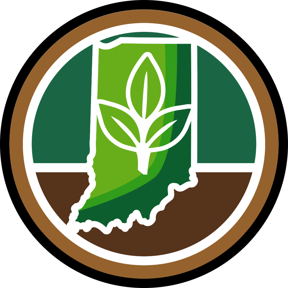 Logo for Indiana Greenscape Solutions, featuring a green state outline of Indiana with a stylized white leaf, representing the company's lawn and landscape services, on a brown backdrop.