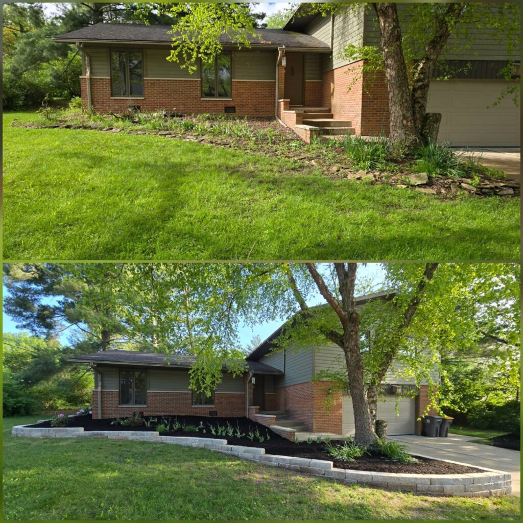 Before and after images of a front yard renovation showing the transformation from a patchy, stone-edged flower bed to a well-defined raised bed with fresh mulch and new retaining wall blocks.